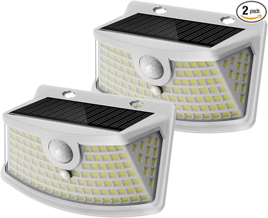Aootek New Solar Motion Sensor Lights 120 LEDs with Lights Reflector,270° Wide Angle, IP65 Waterproof, Step Lights for Front Door, Yard, Garage, Deck (White, Daylight White, 2-Pack)
