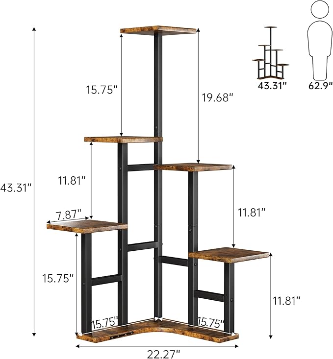 Yzosvki Corner Plant Stand Indoor with Grow Lights Set of 2, 6 Tiered Corner Plant Shelf Flower Stand for Multiple Plants, Plant Shelves Organizer Rack, Round Rustic Brown
