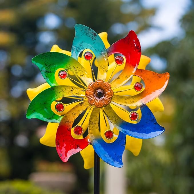 Stargarden Wind Spinner, Colorful Metal Wind Sculptures & Spinners, Double Pinwheels 63 * 13" Windmills for Yard and Garden