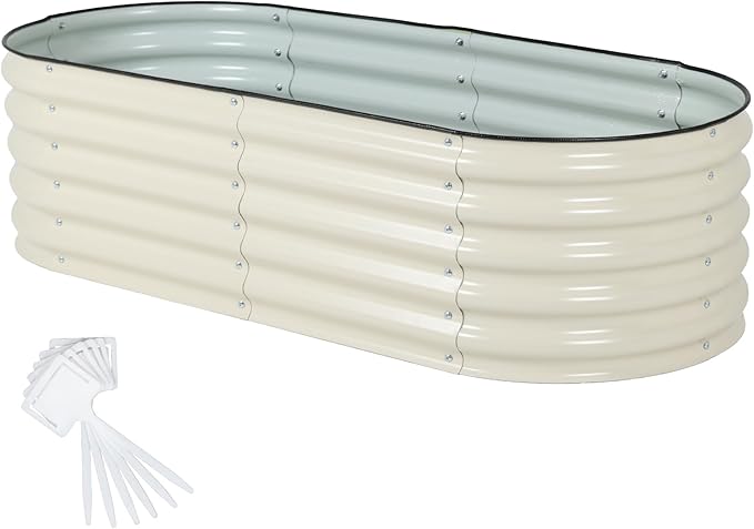 Aoodor 17" Tall Oval Galvanized Raised Garden Bed Kit, 4-in-1 Large Metal Outdoor Planter Box for Vegetables, Flowers, and Herbs, 5 x 2 x 1.5 Ft, Beige