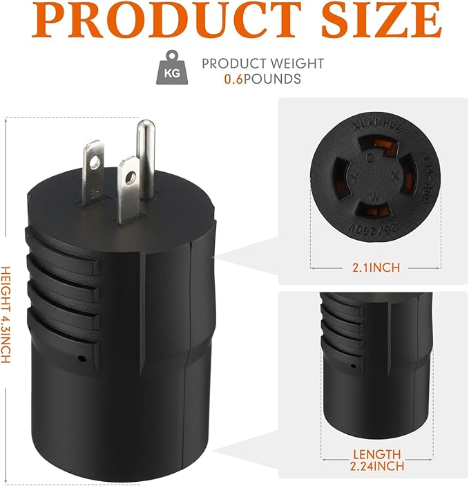 Kanayu NEMA 5-15P to L14-30R Generator Transfer Switch Adapter 3 Prong Household 15Amp to 4 Prong Generator Lock 30Amp Adapter to House Inlet Box(Black)
