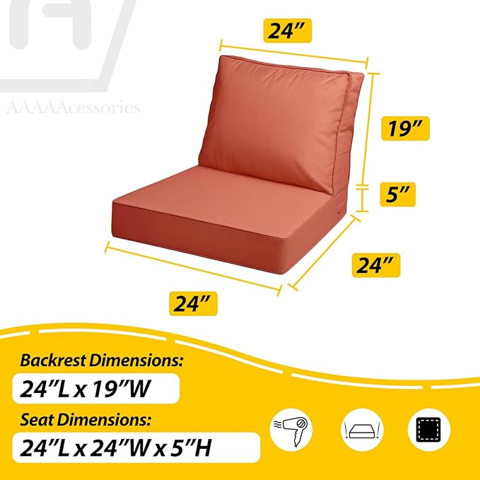 AAAAAcessories Outdoor Deep Seat Cushions with Double Welted Pillow, Waterproof, Fade-Resistant Patio Furniture Replacement Cushions, 24" x 24" x 5" + 24" x 19", Rust