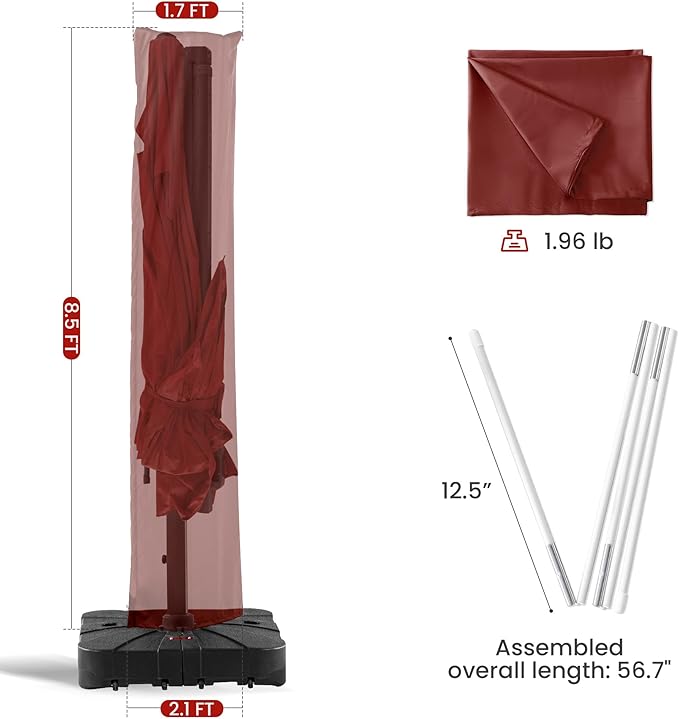 Patio Umbrella Cover Waterproof UV Resistant Outdoor Cantilever Umbrella Covers with Zipper and Rod, Wine Red