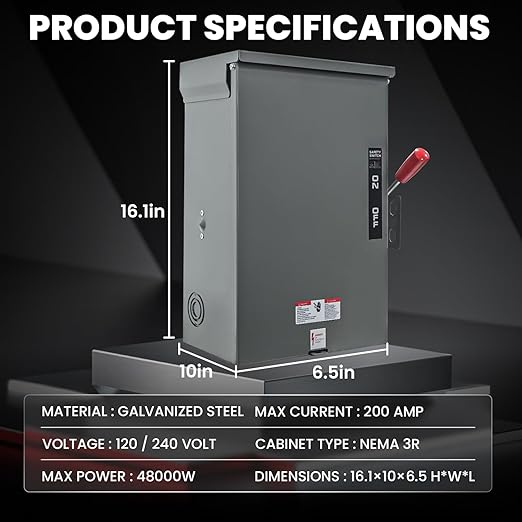200A Generator Transfer Switch for Home Generator, 48000W Manual Double-Throw Safety Switch, 120/240-Volt, NEMA 3R for Indoor/Outdoor Use (200A 3P Grey)