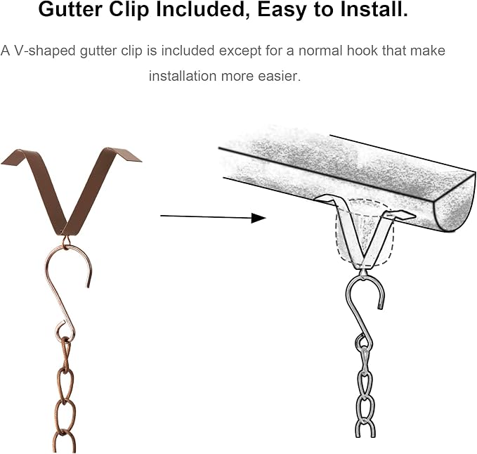 Glitzhome 8.5 FT Lotus Flower Rain Chains, Faux Copper Rain Chains for Gutters with 15 Cups, Adjustable Rain Catcher Chain with V-Shaped Gutter
