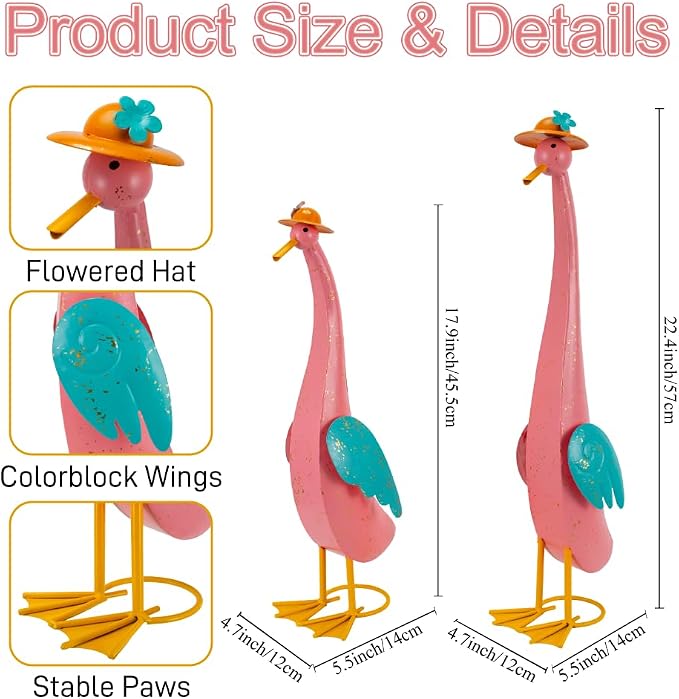 22" Duck Garden Statue Set of 2 Metal Ducks | Outdoor Decor Porch Animal Figurine Yard Art Sculptures Rustproof Lawn Ornament for Outside Patio Backyard Decorations