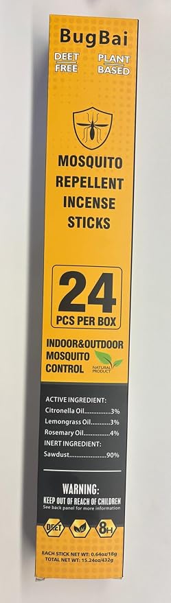 BugBai® Mosquito Repellent Outdoor Patio 24PCS, Extra Large Natural Citronella Incense Sticks for 8-Hour Protection, DEET-Free Mosquito Barrier Control for Indoor Backyard Travel Camping Fishing
