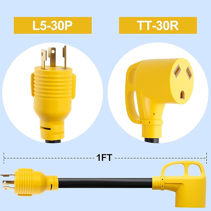30 Amp RV Generator Adapter 1FT, NEMA L5-30P Adapter Twist Lock Male Plug to NEMA TT-30R Female, Heavy Duty STW 10 AWG RV Plug Adapter for RV, Camping, Industrial, ETL Listed
