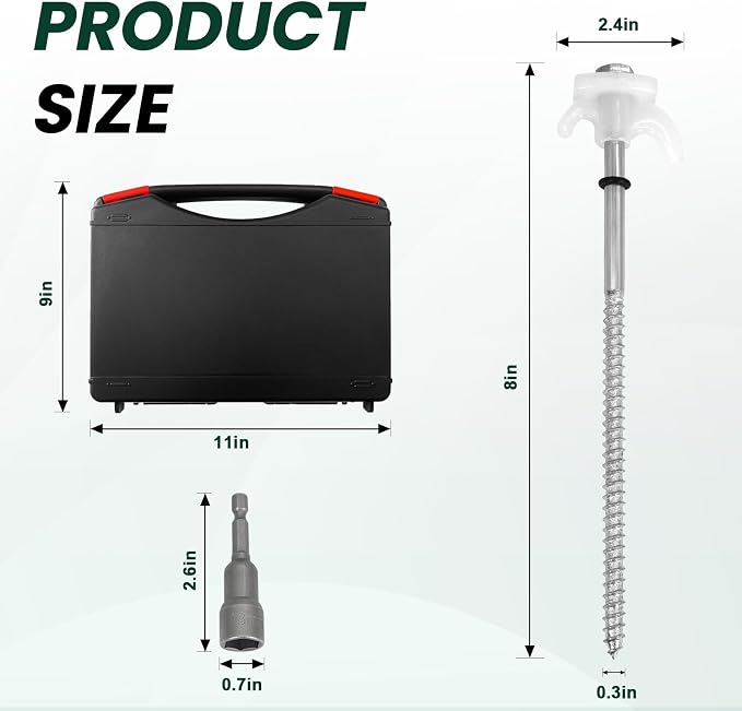20 Pack 8" Heavy Duty Metal Tent Stakes, Screw in Tent Stakes, Ground Anchors for Camping, Canopy, Inflatable, Yard, Glow in The Dark Ground Anchors, Hexagonal Head Drive and Storage Box (White)