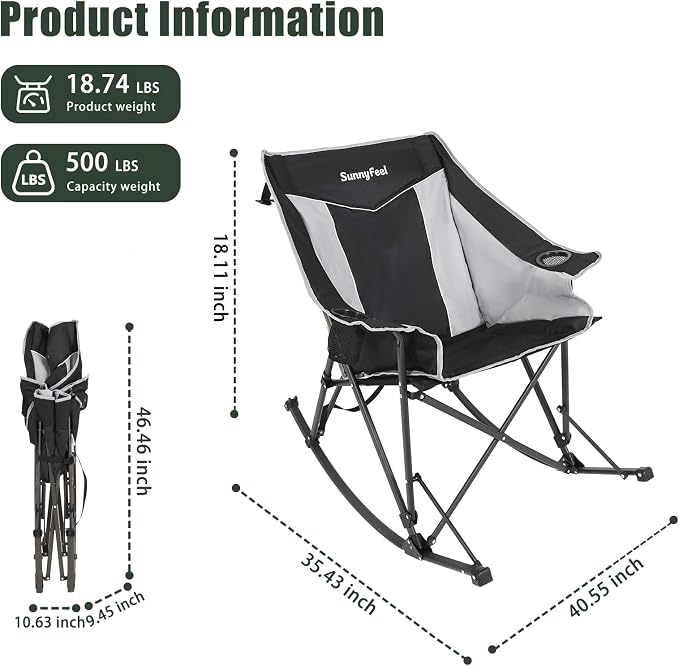 SUNNYFEEL Oversized Folding Rocking Camping Chair Fully Padded Patio Chair Black Portable Outdoor Rocker High Back Portable Lawn Recliner with Side Pocket Camp Rocker Chairs Heavy Duty 500 LBS