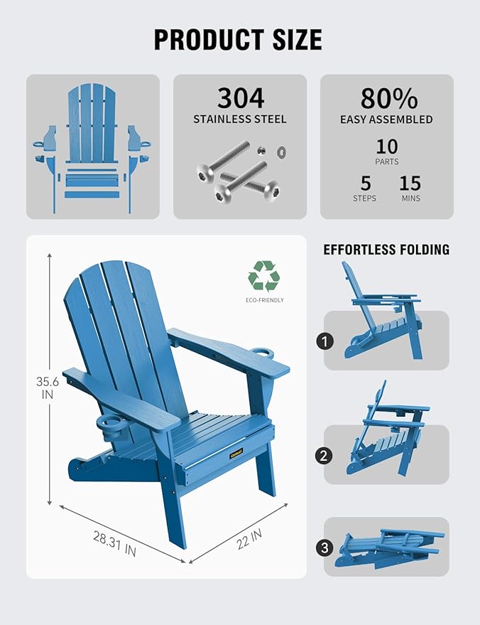 Folding Adirondack Chair Set of 4, Wooden Textured Plastic Adirondack Chairs with 2 Cup Holder, Weather Resistant HDPE Fire Pit Chair, Outdoor Patio Chairs for Garden, Backyard, Lawn, Deck, Blue