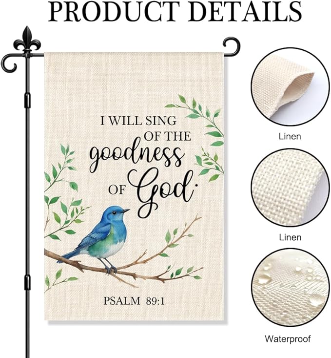 I Will Sing Of The Goodness Of God Garden Flag, Psalms 89:1 Garden Flag Double-Sided Yard Outdoor Decoration 12x18 Inch, Spring Christian Bluebird Outdoor Yard Banner Religious Lawn Decor