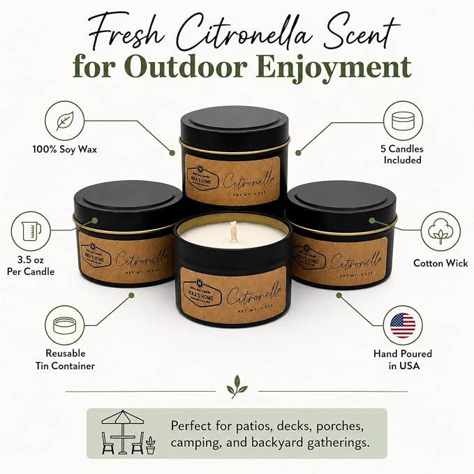 Citronella Soy Wax Candle Set, 5 Pack 3.5 oz Tins, Highly Scented Outdoor Decor for Patio, Deck, Camping & Backyard Gatherings, Hand Poured in USA