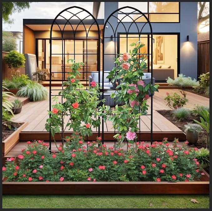 LZRS 4 Pack 71x20in Rustic Iron Arch Decoration Garden Trellis with Black Metal Coating – Perfect for Supporting Climbing Plants Outdoor, Roses, Vines, Flowers, and Vegetables.