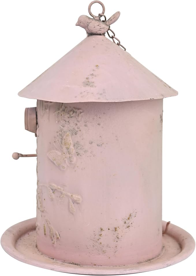 Vintage Pink Metal Bird House Feeder, Distressed Floral Embossed Hanging Birdhouse with Tray, Rustic Farmhouse Decorative Bird Nest Box for Outdoor Garden, Patio, Yard