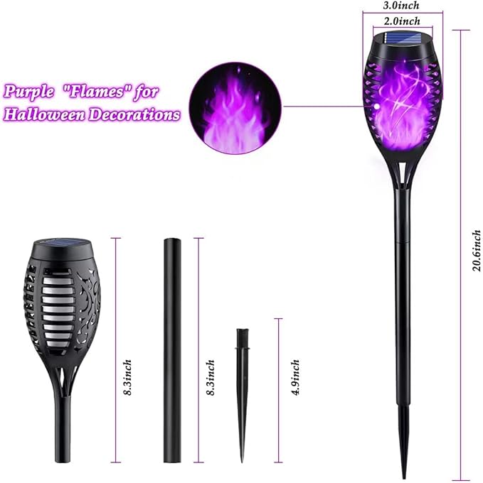 KYEKIO Halloween Decorations Outdoor, 12Pack Purple Solar Halloween Lights, Solar Torch Lights with Flickering Flame for Garden Decor, Waterproof Outdoor Lighting, Scary Torches for Yard Lawn Pathway