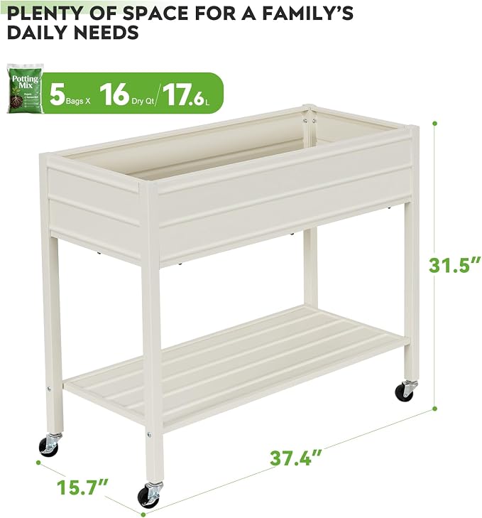 32" Tall Galvanized Raised Garden Bed with Legs Wheels & Shelf, Elevated Planter Box Outdoor for Vegetables, Herbs & Flowers, Patio & Backyard, Garden Bed with 400lb Capacity，White