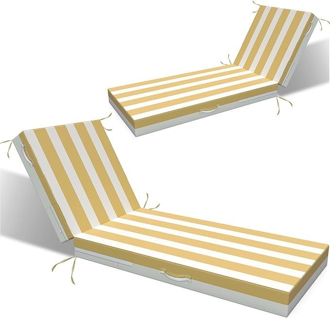 L'AGRATY Outdoor Lounge Chaise Cushion: 72x21x3 Inch Waterproof Lounge Chair Cushion for Outdoor Furniture with Fade Resistant Removable Cover - Patio Cushions for Pool Lawn Deck(Khaki White 2Pcs)