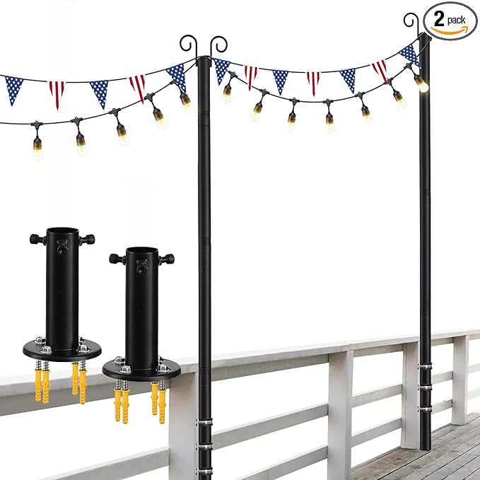2-Pack Adjustable String Light Poles, 12.6 FT Light Poles for Outside Patio Heavy Duty, Outdoor Deck Lighting Poles with Brackets Bases for Fence Concrete Mount, Metal Stand Hanging Garden Party Decor