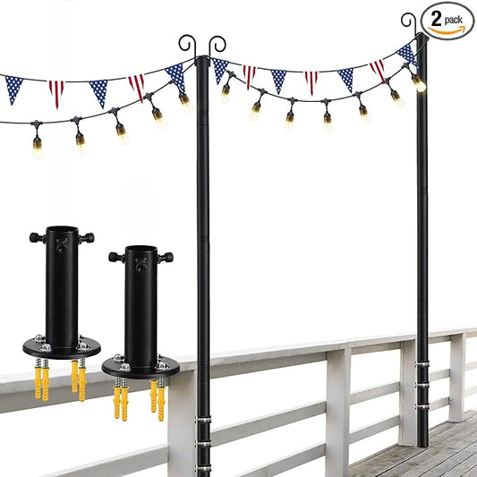 2-Pack Adjustable String Light Poles, 12.6 FT Light Poles for Outside Patio Heavy Duty, Outdoor Deck Lighting Poles with Brackets Bases for Fence Concrete Mount, Metal Stand Hanging Garden Party Decor