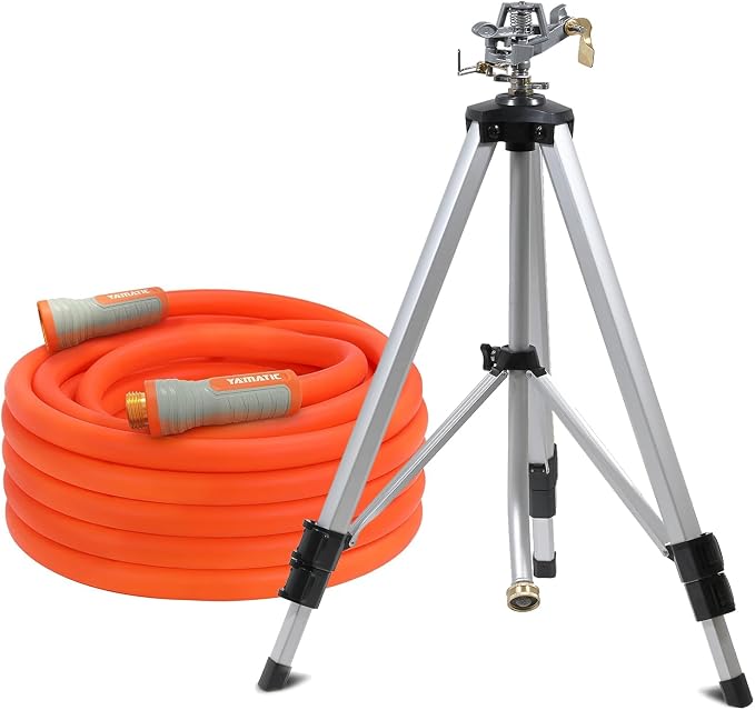 YAMATIC Impact Sprinkler with Adjustable Tripod Base and Heavy Duty Super Flexible Garden Hose 5/8 in x 50 ft