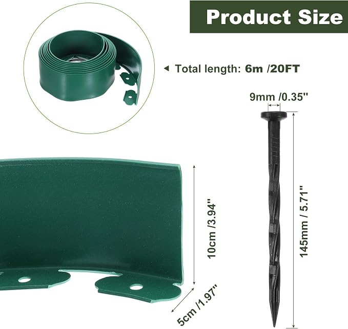 uxcell Landscape Edging, 1Pcs 20FT x 3.94" - Garden Edging Kit with 18 Stakes, Landscape Edging Border for Garden Lawn Flower Bed Yard Grass (Green)