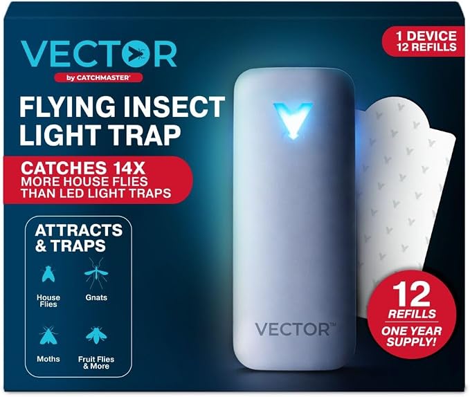 Catchmaster Vector 9 UV Light Plug in Flying Insect Trap - Silent Indoor Bug Catcher for House & Fruit Flies, Gnats & Moths - Mess-Free Easy Setup & Cleanup - with 12 Glue Trap Refills, Year Supply