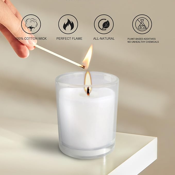 48 Pack Warm White Unscented Clear Glass Filled Votive Candles. Hand Poured Wax Candle Ideal Gifts for Aromatherapy Spa Weddings Birthdays Holidays Party.