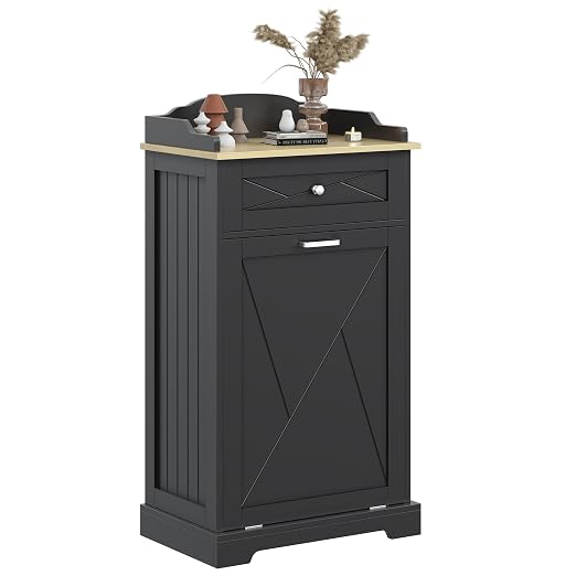 kepptory Tilt Out Trash Can Cabinet, 12 Gallon Farmhouse Laundry Hamper Cabinet with Drawer, Hidden Wooden Trash Garbage Can Bin with Storage Basket for Kitchen, Living Room (Black)