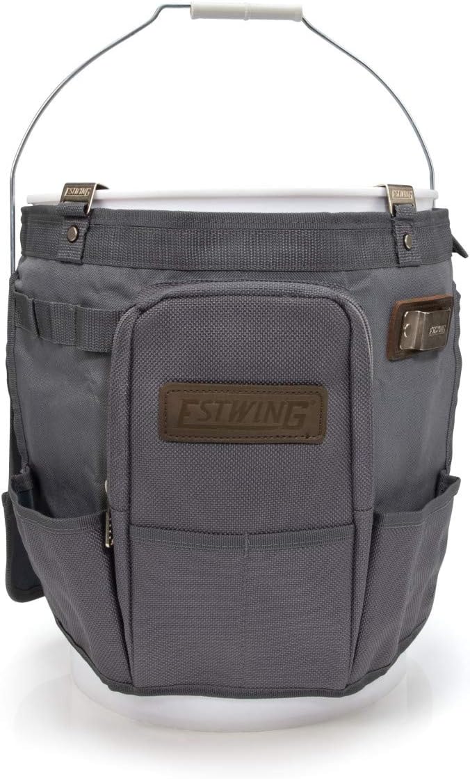 Estwing 28-Compartment 5-gallon Bucket Tool Organizer/Tool Bag, Durable Polyester, Heavy-Duty Steel Hangers, Zippered Pocket, 16 Open-top Pockets, 11 Tool Loops, Buckle Security Strap
