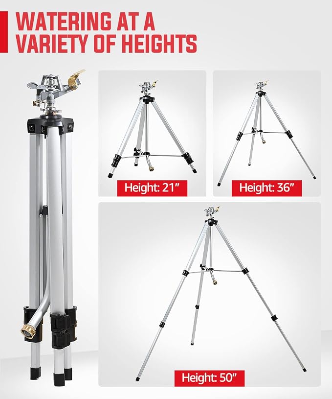 YAMATIC Impact Sprinkler with Adjustable Tripod Base and Heavy Duty Super Flexible Garden Hose 5/8 in x 50 ft