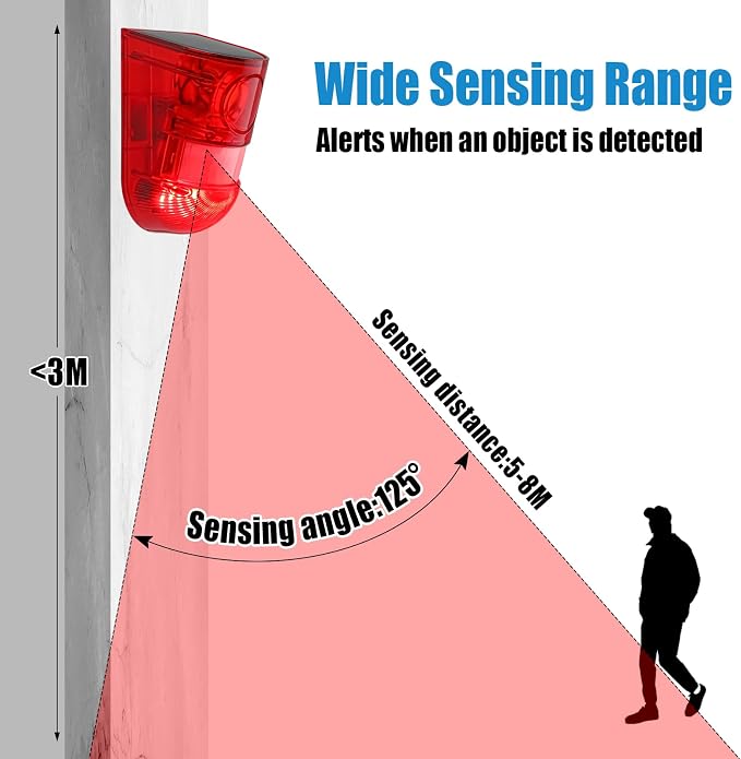 Qualirey Solar Sound and Light Alarm Motion Sensor 129db Outdoor Security Siren Waterproof Activated Detector Driveway Alarm 6 LEDs Flash Warning Deterrent Strobe System for Home, Farm(Red,8 Pack)