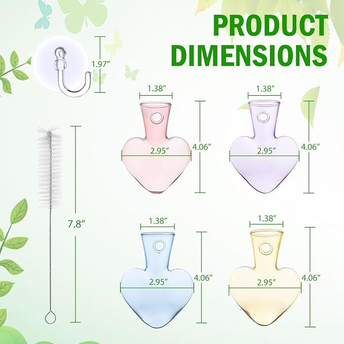 Bunmery Window Propagation Stations, 4 pcs Colored Heart Plant Propagation Station with Suction Cups, Easy to Install Window Hanging Planer, Indoor No Nails Glass Vase Terrarium for Plants&Flowers