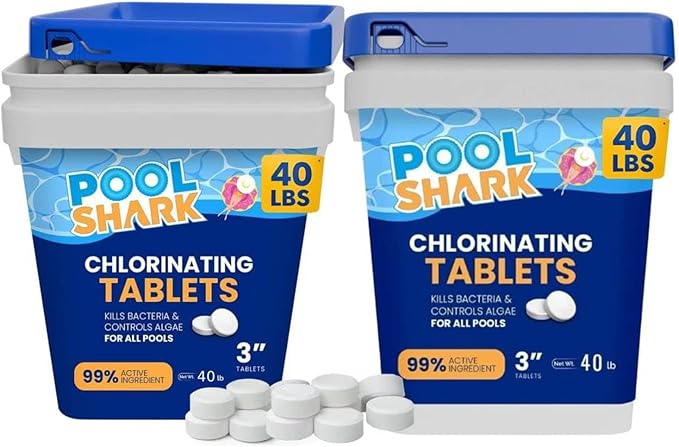 Pool Shark Swimming Pool Chlorine Tablets 2 x 40 lb as 80 lb 3-Inch Chlorine Tablets Slow-Dissolving 90% Active Chlorine Tabs Pool Chemicals for Inground Pools Above Ground Pools Saltwater Spa Hot Tub