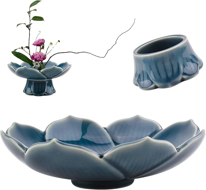 Flower Arranging Supplies, Cyan-Blue Lotus Flower Vase Ceramic Flower Pot for Ikebana Floral Art Fruit Dish Home Decoration