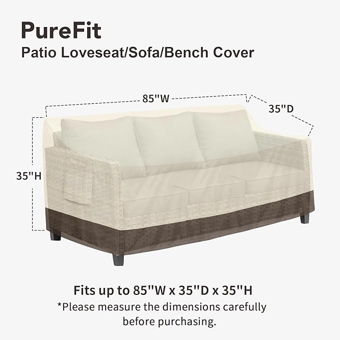 PureFit Outdoor Couch Cover Waterproof Patio Sofa Furniture Covers, 3-Seater Outdoor Cover with Air Vent and Handles, 85W x 35D x 35H Inches, Beige/Brown
