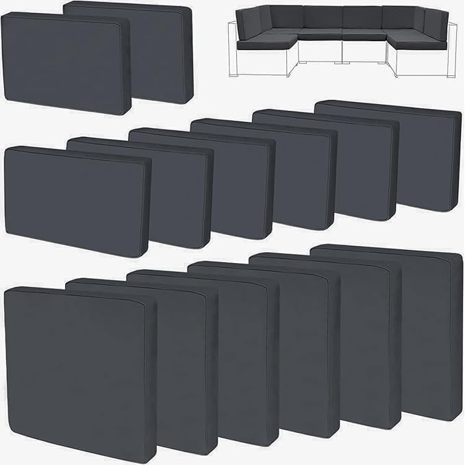 14Pieces Patio Cushion Covers Replacement Outdoor Couch Cushions Covers Splashproof Sofa Slipcovers Set with Zippers,Patio Furniture Protector Cover Only(Black Gray 23.6×23.6×3.35 inches)