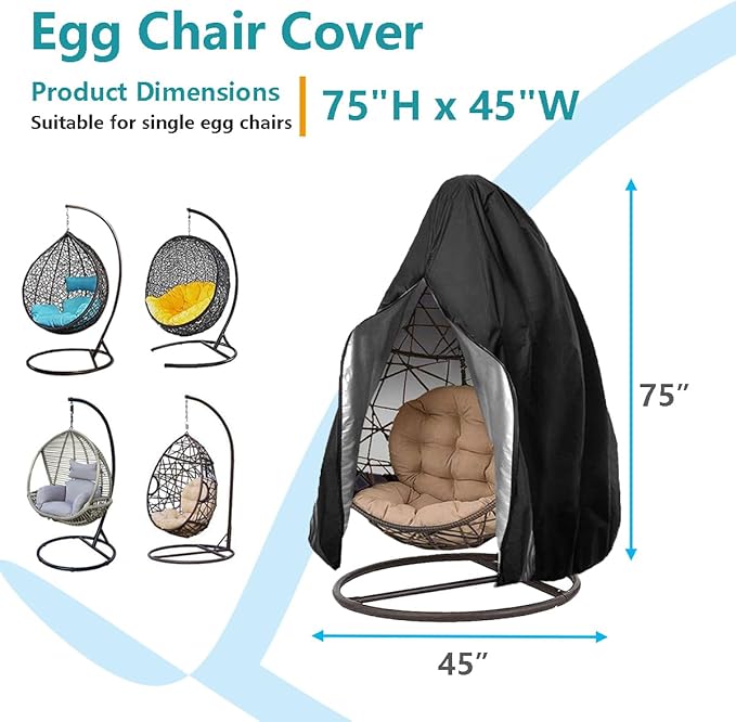 Oslimea Patio Egg Chair Cover Waterproof Wicker Swing Egg Chair Cover with Zipper and Bottom Buckle Single Seat for Outdoor Furniture, Black, 75"H x 45"W