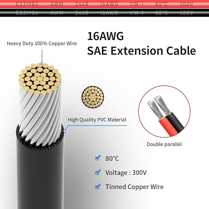 ELFCULB 16AWG 35FT SAE Extension Cable 3/6/10/20/35/50FT Quick Disconnect Wire Harness with SAE Connector for Automotive RV Battery Solar Panel