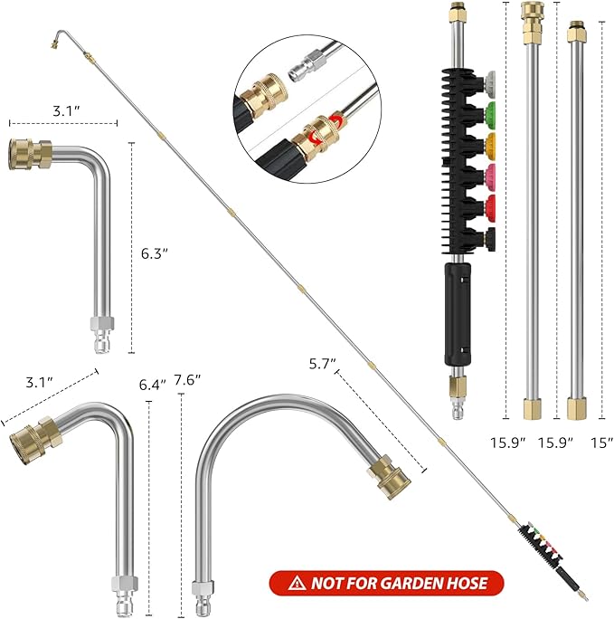 Sealegend Pressure Washer Extension Wand with 6 Spray Nozzle Tips for Gutter Cleaning up to 9FT, Upgrade Power Washer Lance with 30°, 90°, U-shaped Curved Rod, 1/4" Quick Connect, 4000 PSI