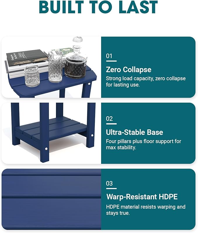 THOEOE Adirondack Outdoor Side Table, 2-Tier Sturdy Patio End Table Weather Resistant, Morden Side Table for Patio, Pool, Porch, Navy Blue