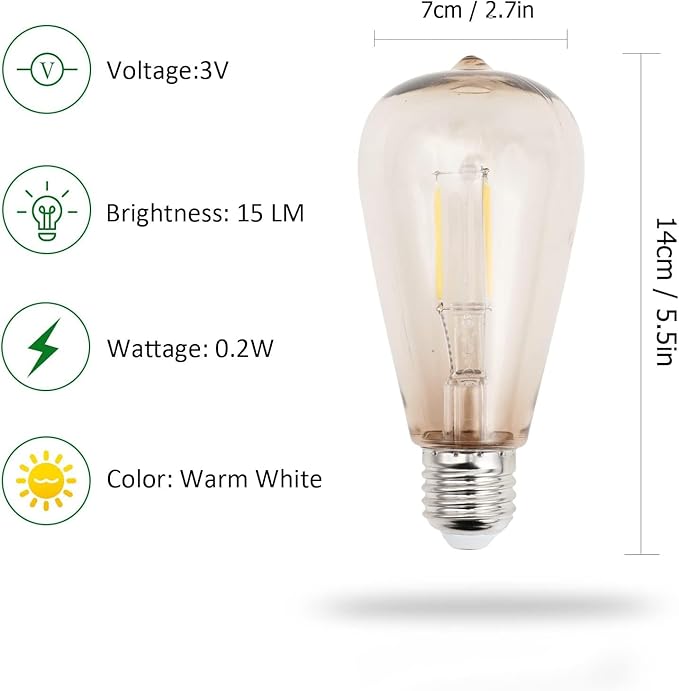 Solar Barn Light Bulbs 2PCS Solar Barn Lights Replacement, Warm White Light E26 Edison Bulbs, 0.2W 3V 15Lumens.