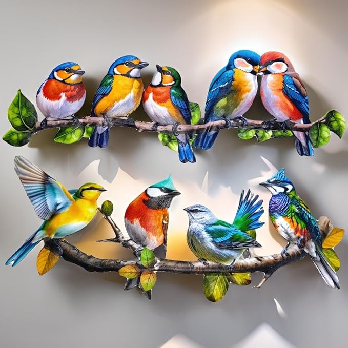 Meduofon Metal Birds Outdoor Wall Art Decor, Vivid Bird on Branch Hanging Leaves Metal Hummingbird Decor Suitable for Porch Fence Garden Outdoor Indoor Wall Decorations (2 Pack Birds Colorful)