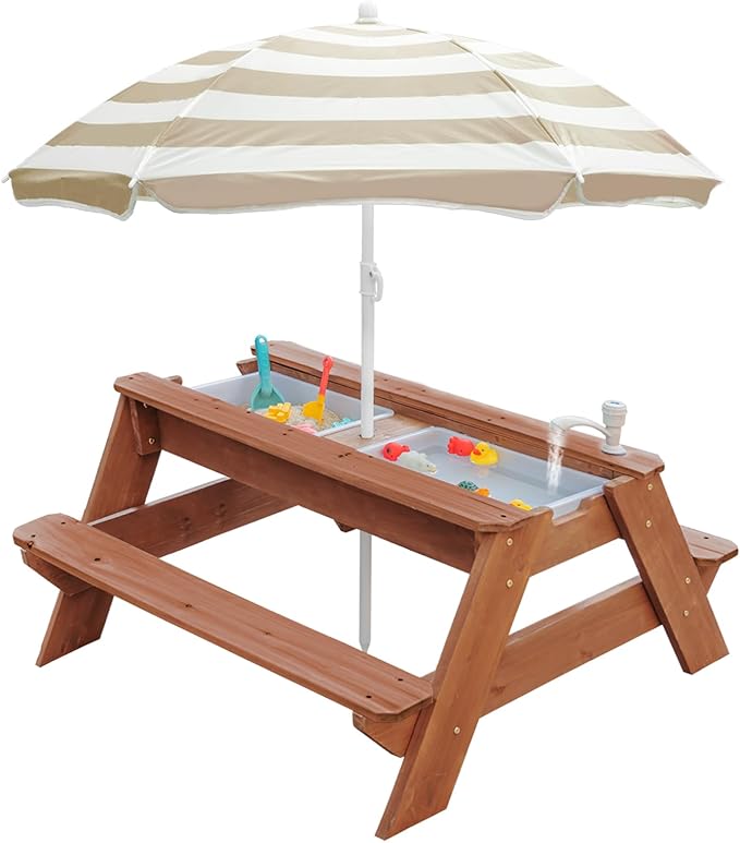 Kids 3-in-1 Sand & Water Table, Wood Outdoor Convertible Picnic Table w/Umbrella, 2 Trays, Removable Top with Faucet, Picnic Table for Outdoor Playset (Brown/Brown)