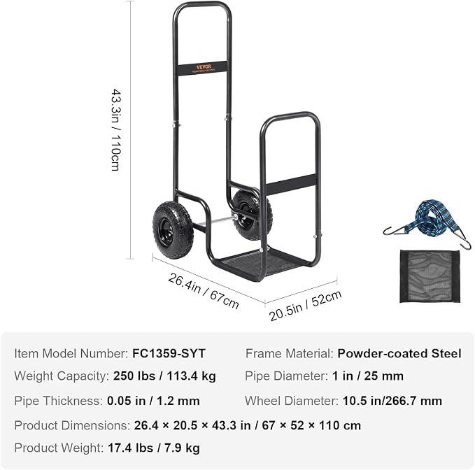 VEVOR Log Cart 250 lbs Load Capacity, Outdoor and Indoor Wood Rack Storage Mover with Pneumatic Rubber Wheels, Heavy Duty Steel Dolly Hauler, Firewood Carrier for Fireplace, Fire Pit, Black