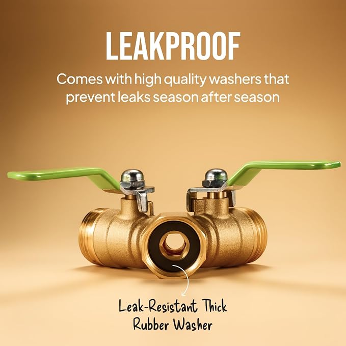 2-Way Hose Splitter – Heavy Duty Brass Y Connector with Stainless Steel Rubbered Handle, 3/4” GHT Thread – Full Flow Garden Hose Splitter for Outdoor Faucets