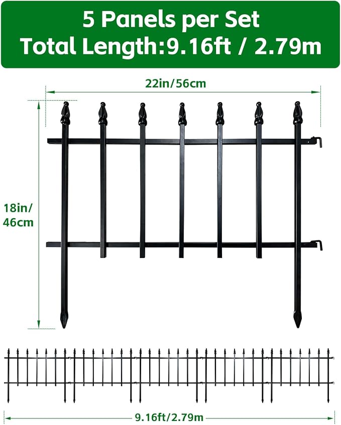 ARIFARO Metal Garden Fence 18" H x 22" W (5 Pack, Length 9.16 ft), No Digging Decorative Border Fence Panels, Rustproof Black Garden Edging Fence for Flower Bed, Yard, Patio, Small Animal Barrier
