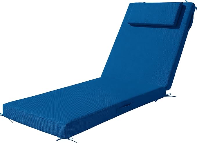 Outdoor Chaise Lounge Cushions, 72x21 Inch Olefin Water & Fade Resistant Pool Lounge Chair Cushions, Patio Sun Lounger Pad with Pillow & Straps for Patio, Pool, Deck, Lawn, Dark Blue