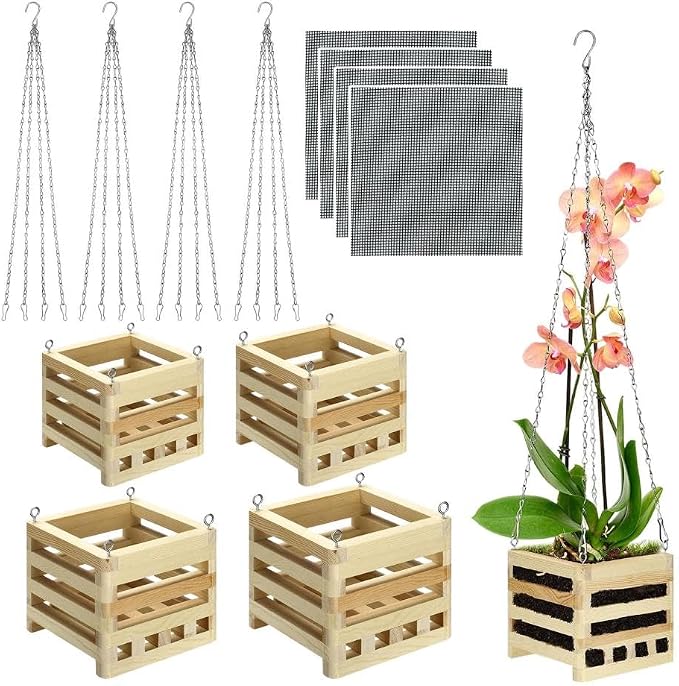 4 Sets Wooden Orchid Wall Planters Wood Orchid Hanging Planter with Hangers Wooden Plant Hanger Orchid Basket with Chain for Indoor or Outdoor Including 4 Adjustable Mats (4+6+8+10inch)