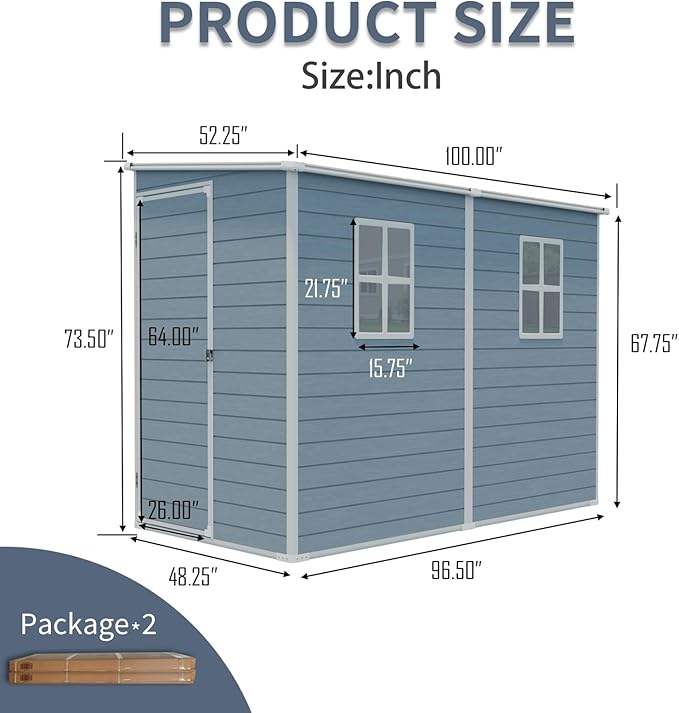 YOPTO 4x8 FT Outdoor Storage Shed Plastic Shed W/Floor,Resin Lean to Shed W/ 2 Windows & Lockable Door,Garden Tool House W/Air Vent & Sloped Roof,All Weather Waterproof for Backyard,Patio,Lawn,Grey